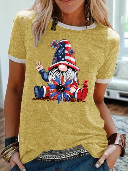 

Women's patriotic gnome 4th of July Casual Crew Neck T-Shirt, Yellow, T-shirts