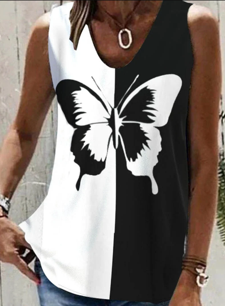 

Loose V Neck Casual Butterfly Tank Top, Black, Tanks & Camis