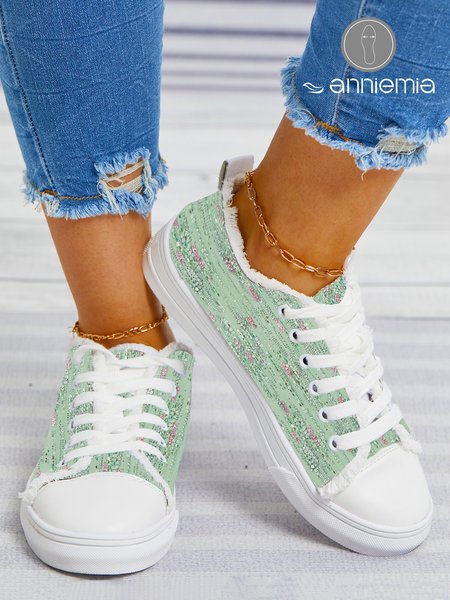 

Casual Green Abstract Print Raw Hem Lace-Up Canvas Shoes, Sneakers