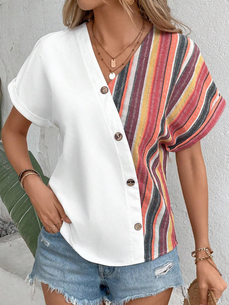 

Buckle Striped Casual Loose Shirt, White, Shirts & Blouses