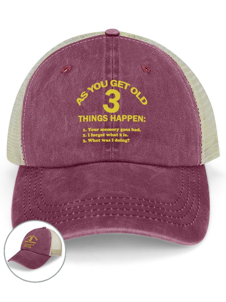 

Men's Funny As You Get Old 3 Things Happen Washed Mesh-back Baseball Cap, Wine red, Women's Hats