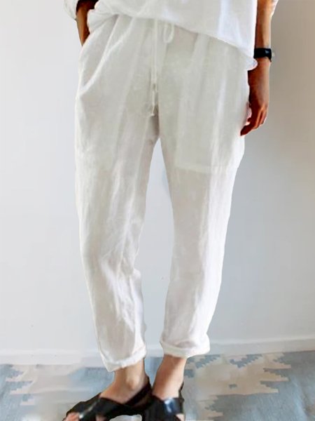 

Women Casual Elastic Waist Plain Pockets Loose Cotton Pants, White, Pants