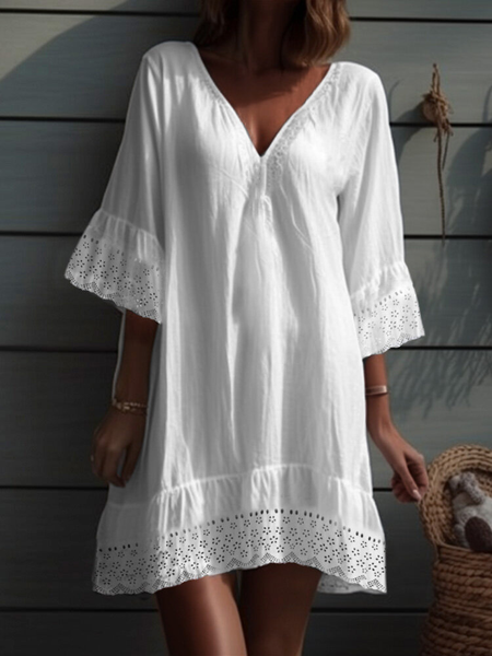 

Plain Casual Loose V Neck Dress, White, Dresses
