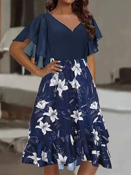 

V Neck Floral Loose Casual Dress, Blue, Formal Dresses
