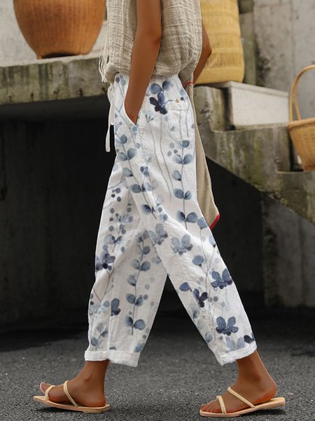 

Floral Loose Casual Pants, White, Pants