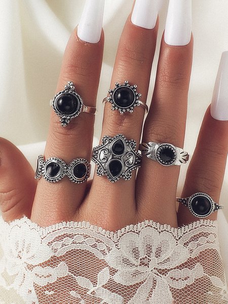 

6Pcs Bohemian Ethnic Pattern Crystal Ring Set Vintage Women's Jewelry, Silver, Rings