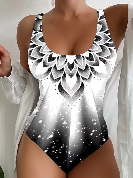 

Scoop Neck Printing Geometric Vacation One-Piece, Black-white, swimwear>>One-Pieces