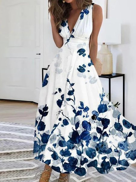 

V Neck Elegant Loose Floral Dress, White, Dresses