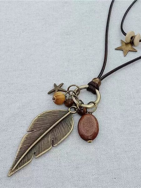 

Vintage Metal Feather Beaded Leather Necklace Sweater Chain Casual Ethnic Women's Jewelry, As picture, Necklaces