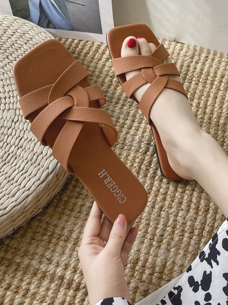 

Cross-Filled Straps Square Toe Slides, Brown, Sandals