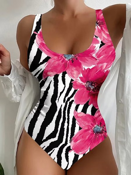 

Vacation Scoop Neck Floral Printing One-Piece, Rose red, swimwear>>One-Pieces