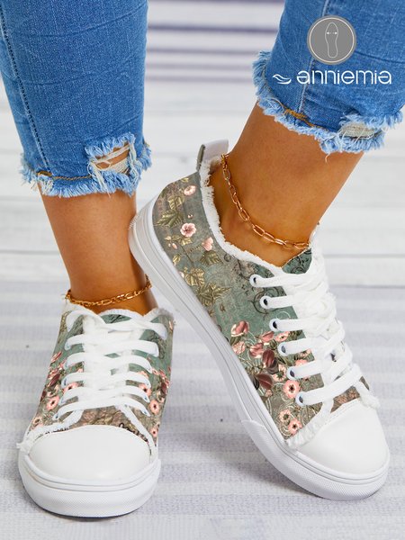 

Casual Floral Print Raw Hem Canvas Shoes, Green, Sneakers