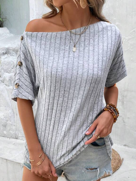 

Loose Plain Buckle Simple T-Shirt, Gray, T-Shirts