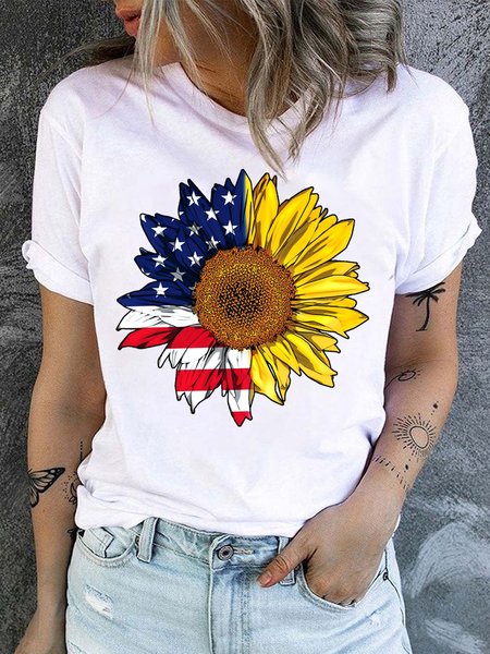 

Women's Cotton 4th of July Sunflower USA Flag T-Shirt, White, T-shirts