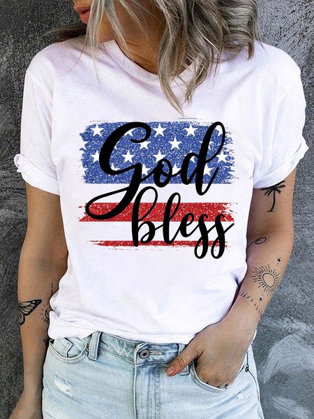 

Women's God Bless American Flag 4th of July Crew Neck Casual T-Shirt, White, T-shirts