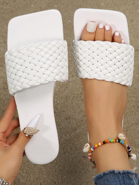 

Woven Uppers Square Toe Slides, White, Sandals