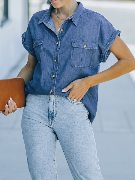 

Loose Plain Urban Shirt Collar Short sleeve Blouse, Denim blue, Blouses and Shirts