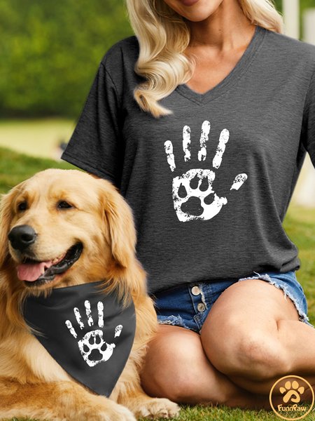 

Women's Pet Lovers Hand and Paw Print Paint Matching V Neck T-Shirt, Gray, T-shirts