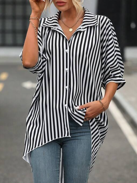 

Shirt Collar Simple Loose Striped Blouse, Black, Shirts & Blouses