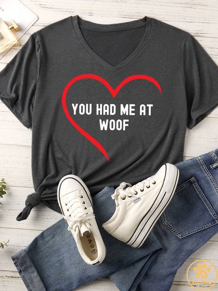 

Women's You Had Me At Woof Matching V Neck T-Shirt, Gray, T-shirts