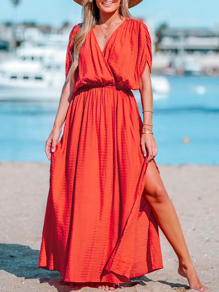 

Loose Linen V Neck Casual Surplice Ruched Maxi Dress, Orange red, Dresses