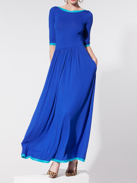 

High Elasticity Crew Neck Short sleeve Regular Fit Color Block Elegant Maxi Dress With No, Blue, Maxi Dresses