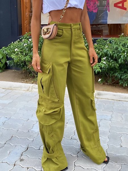 

Casual Plain Loose Pockets Cargo Pants, Green, Pants