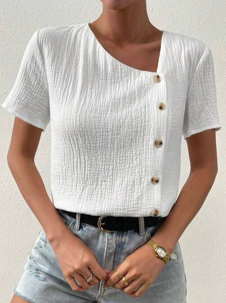 

Asymmetrical Plain Buckle Simple Shirt, White, Shirts & Blouses