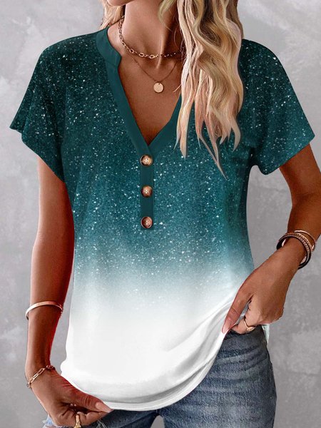 

Gradient Graphic Design V-Neck Button Trim Loose Tee, Dark green, Shirts & Blouses