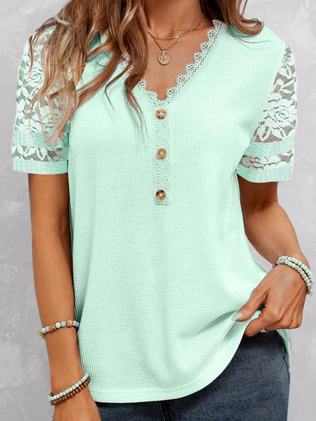 

Lace Casual Loose V Neck Shirt, Green, Shirts & Blouses