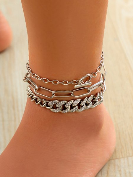 

Vacation Cuban Chain Diamond Layered Anklet Party Music Festival Female Jewelry, Silver, Anklets
