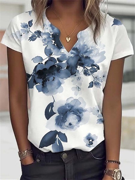 

Notched Loose Floral T-Shirt, White, T-Shirts