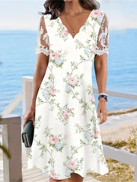 

V Neck Elegant Lace Edge Floral Dress, White, Dresses