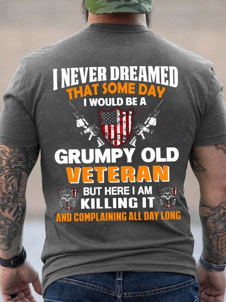

Men’s Cotton Grumpy Old Veteran Flag Casual Crew Neck Loose T-Shirt, Deep gray, T-shirts