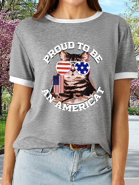 

Women’s Proud To Be An Americat Cat With America Flag Sunglasses Crew Neck Casual T-Shirt, Gray, T-shirts