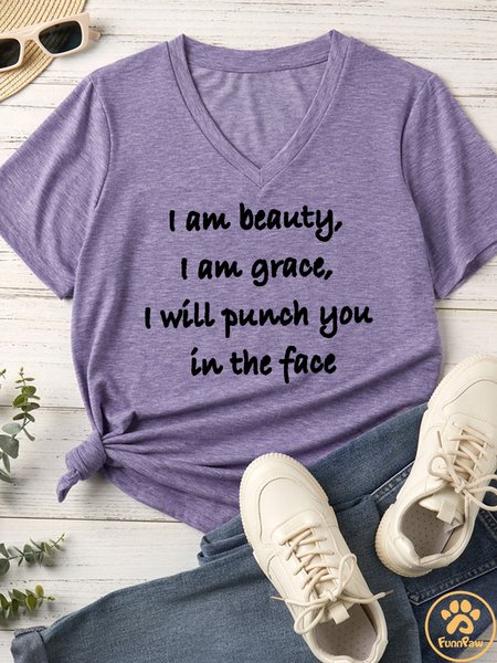 

Lilicloth X Funnpaw Women's I Am Beauty I Am Grace I Will Punch You In The Face Matching V Neck T-Shirt, Purple, T-shirts