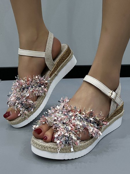 

Color Fringe Beach Holiday Straw Wedge Sandals, Pink, Sandals