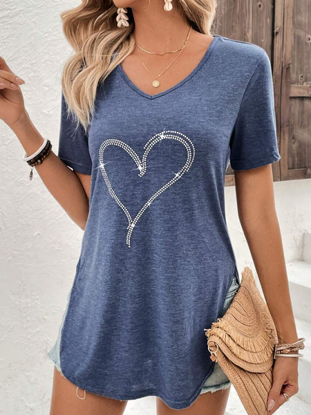 

Loose V Neck Heart/Cordate Casual T-Shirt, Blue, T-Shirts