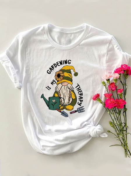 

Women's Funny Gardening Is My Therapy Gnome Cotton-Blend Casual T-Shirt, White, T-shirts