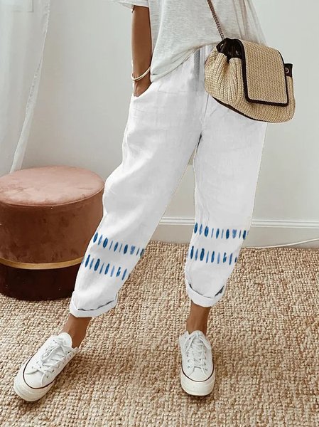 

Loose Linen Geometric Cotton Pants, White, Pants
