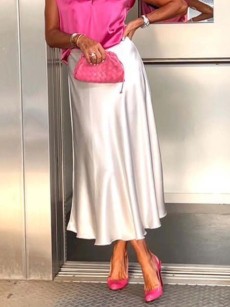 

Plain Elegant Regular Fit Midi Skirt, White, Skirts