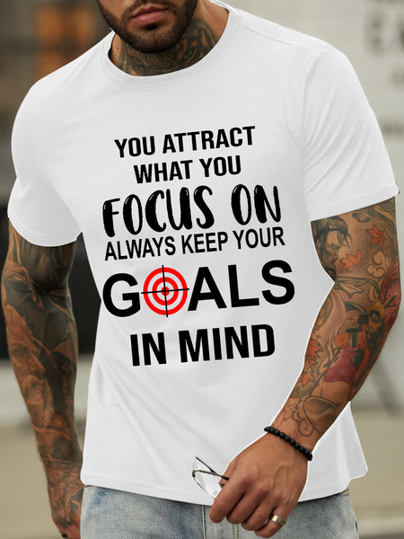 

Lilicloth X Y You Attract What You Focus On Always Keep Your Goals In Mind Men's Cotton Text Letters Casual T-Shirt, White, T-shirts