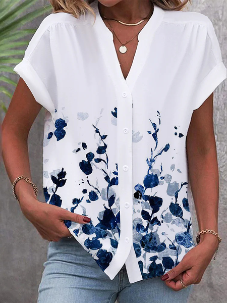 

Floral Loose Casual V Neck Shirt, White, Shirts & Blouses