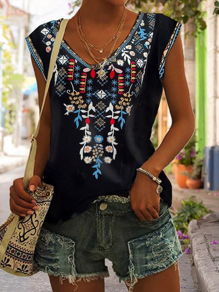 

Casual Loose V Neck T-Shirt, Black, Tanks & Camis