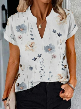 

Floral V Neck Loose Casual Shirt, White, Shirts & Blouses