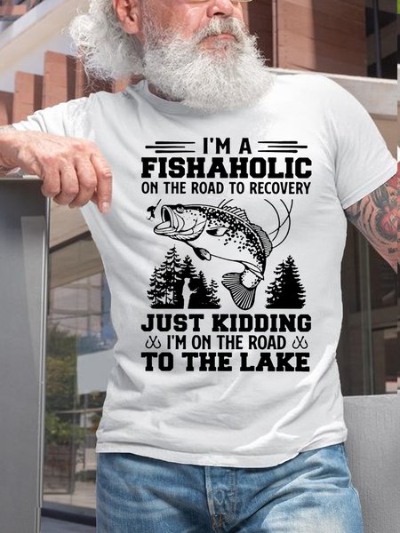 

Women's Cotton Fishing I'm A Fishaholic On The Road To Recovery To The Lake Casual T-Shirt, White, T-shirts