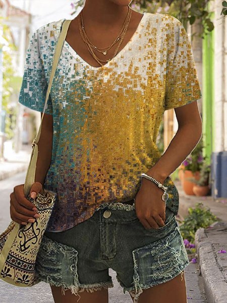 

V Neck Abstract Regular Fit Casual T-Shirt, Yellow, T-Shirts