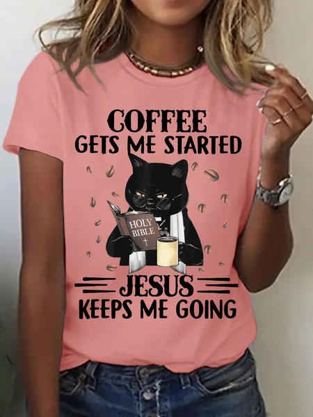 

Women's Coffee Gets Me Started Jesus Keeps Me Going Black Cat Crew Neck Casual T-Shirt, Pink, T-shirts
