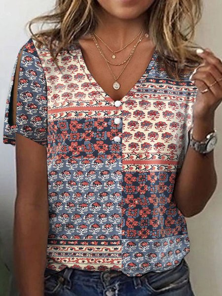 

Womens V Neck Casual Ethnic Loose T-Shirt, Red, T-Shirts