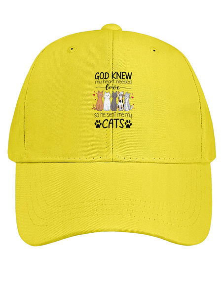 

Women's God knew my heart needed love cat lover Cotton Fit Adjustable Hat, Yellow, Women's Hats